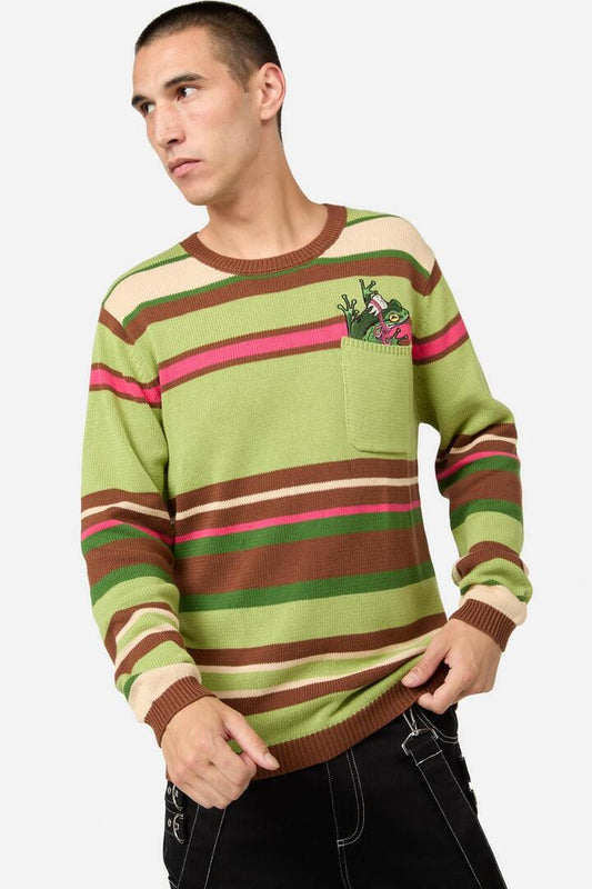Image of a model wearing Tops. Productname: Fancy Frog Unisex Knit in Multi colour by brand - Dangerfield