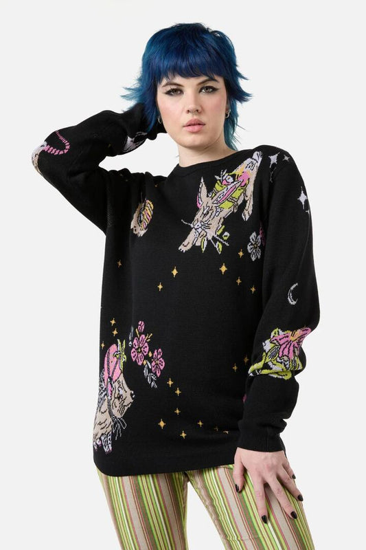 Image of a model wearing Tops. Productname: Critters Placement Knit in Black colour by brand - Dangerfield