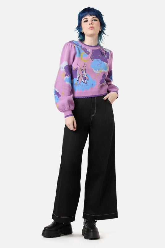 Image of a model wearing Tops. Productname: Goodnight Bunny Knit in Lavender colour by brand - Dangerfield