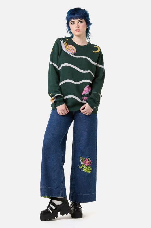 Image of a model wearing Tops. Productname: Collectors Snail Knit in Green colour by brand - Dangerfield