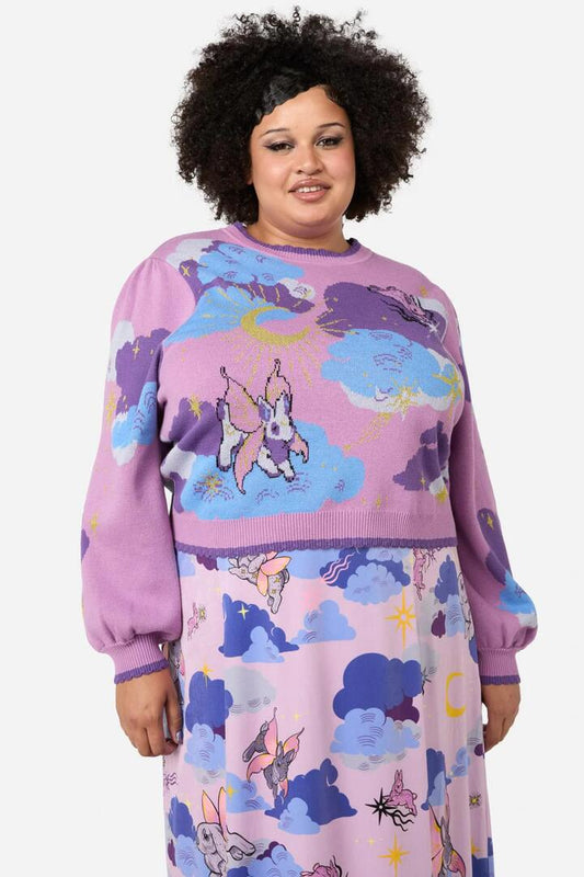 Image of a model wearing Tops. Productname: Curve Goodnight Bunny Knit in Lavender colour by brand - Dangerfield