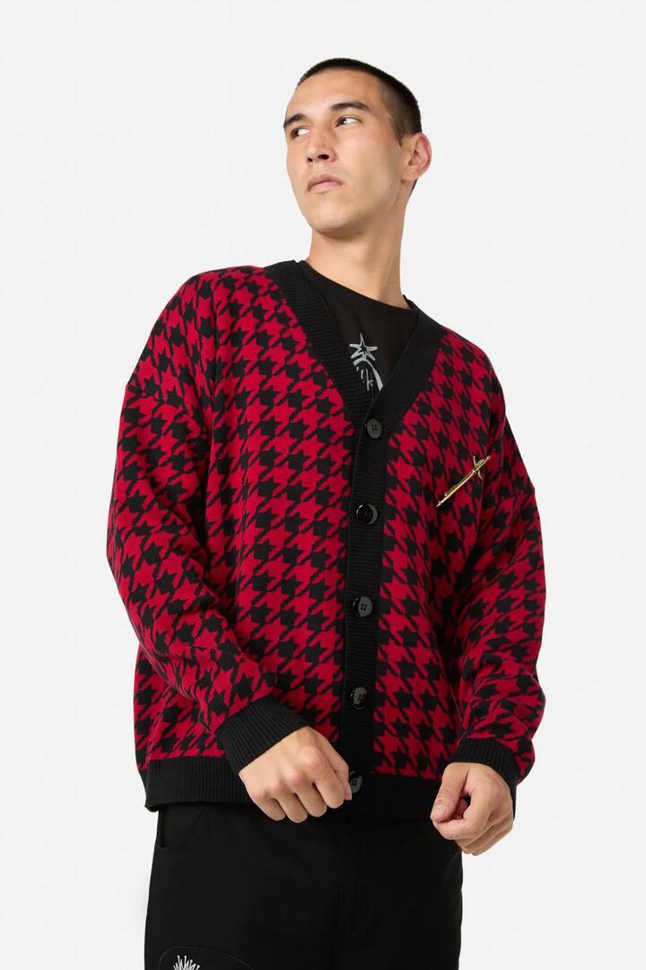 Image of a model wearing Outerwear. Productname: Virtue Houndstooth Cardi in Red/Black colour by brand - Black Friday