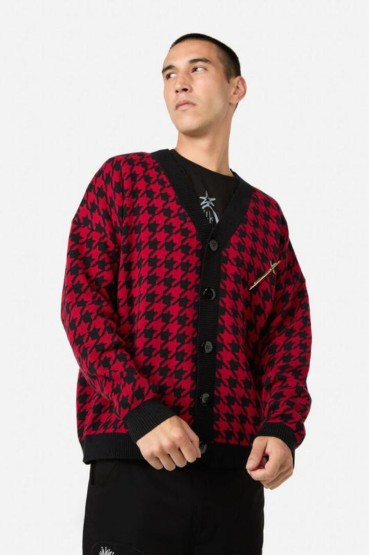 Image of a model wearing Outerwear. Productname: Virtue Houndstooth Cardi in Red/Black colour by brand - Black Friday