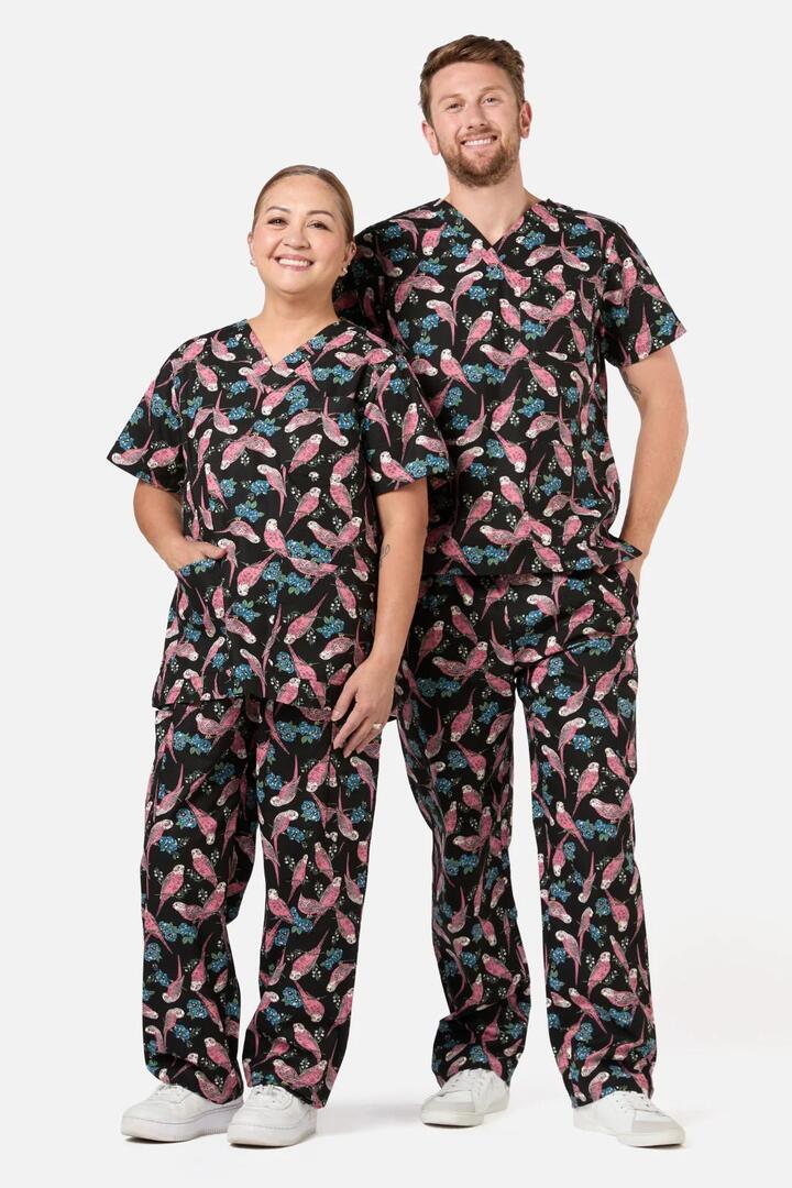 Image of a model wearing Uniforms & Workwear. Productname: Budgie Love Scrub Set in Black colour by brand - Scrubs With Love