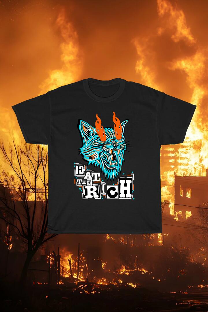 Image of a model wearing Tops. Productname: Eat The Rich Tee in Black colour by brand - Pulp Kitchen