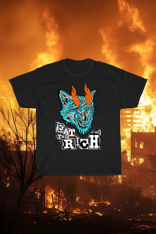 Image of a model wearing Tops. Productname: Eat The Rich Tee in Black colour by brand - Pulp Kitchen