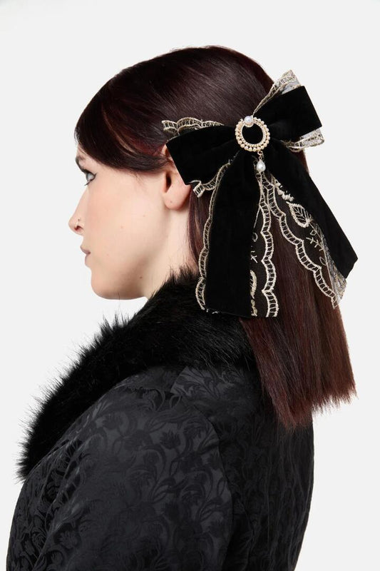 Image of Hair Accessories. Productname: Elaborate Velvet Bow Hair Clip in Black colour by brand - Dangerfield