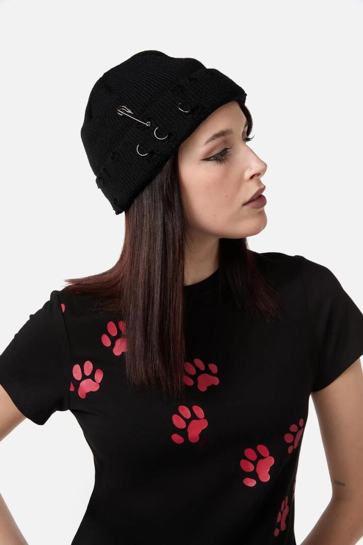 Image of Hats. Productname: Distressed & Pierced Beanie in Black colour by brand - Dangerfield