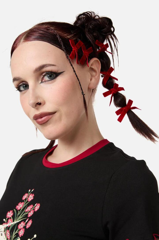 Image of Hair Accessories. Productname: Mini Velvet Hair Clips Set Of 6 in Red colour by brand - Dangerfield