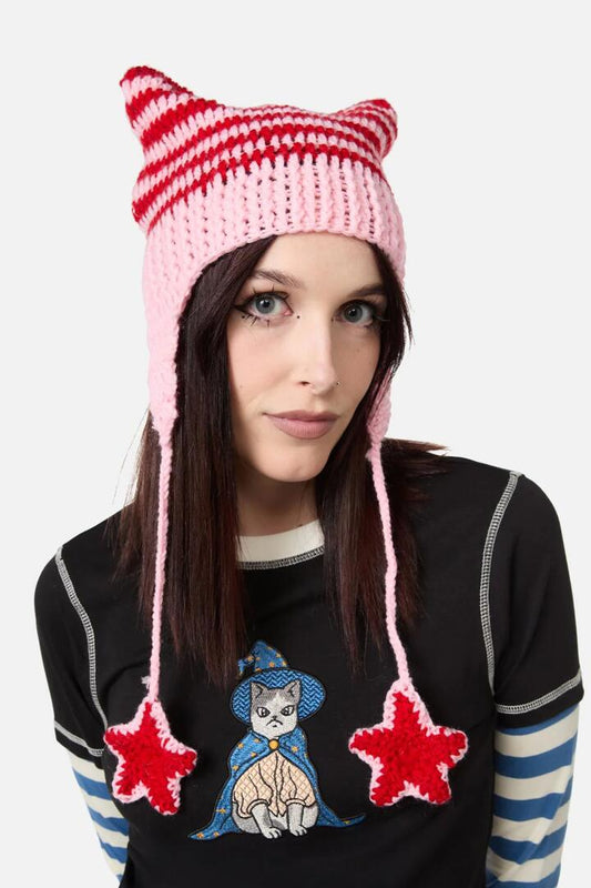 Image of Hats. Productname: Pink Red Stripe Star Beanie in Pink/Red colour by brand - Black Friday