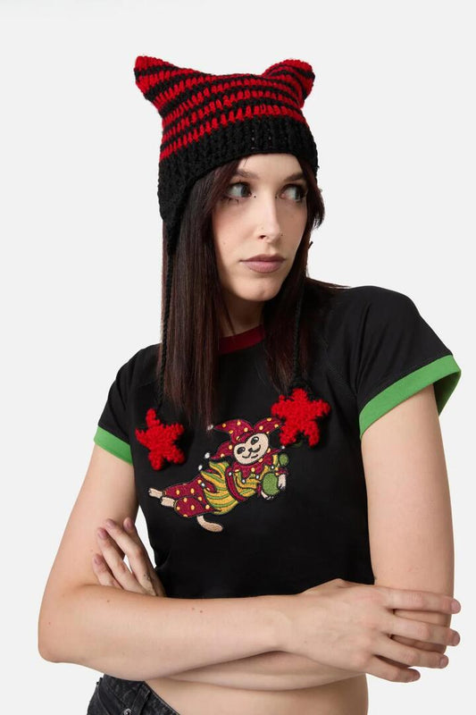 Image of Hats. Productname: Red Black Stripe Star Beanie in Red/Black colour by brand - Black Friday