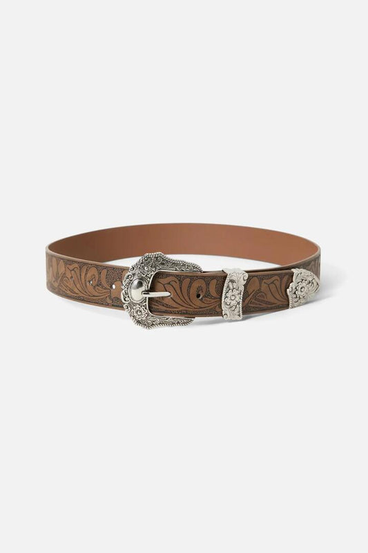 Image of Accessories. Productname: Embossed Buckle Belt in Tan colour by brand - Princess Highway