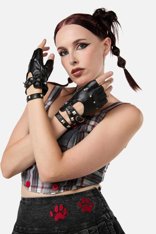 Image of Accessories. Productname: Stud Faux Leather Fingerless Gloves in Black colour by brand - Dangerfield