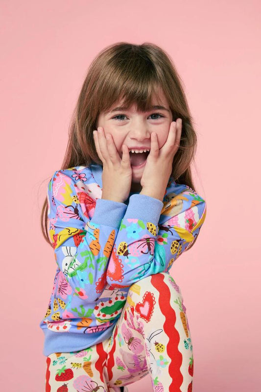 Image of a model wearing Outerwear. Productname: Bunny Love Kids Sweater in Blue colour by brand - Princess Highway Kids
