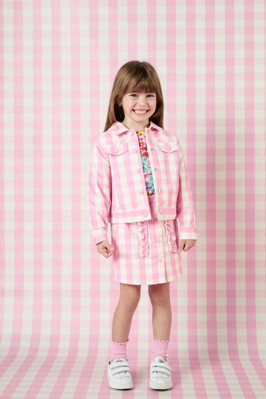 Image of a model wearing Outerwear. Productname: Gingham Kids Cord Jacket in Pink colour by brand - Princess Highway Kids