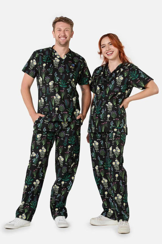 Image of a model wearing Uniforms & Workwear. Productname: Herb Garden Scrub Set in Black colour by brand - Scrubs With Love