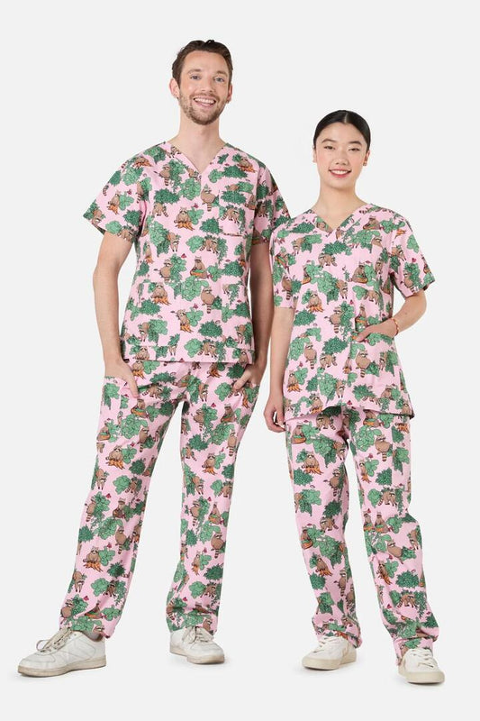 Image of a model wearing Uniforms & Workwear. Productname: House Of Raccoon Scrub Set in Pink colour by brand - Scrubs With Love