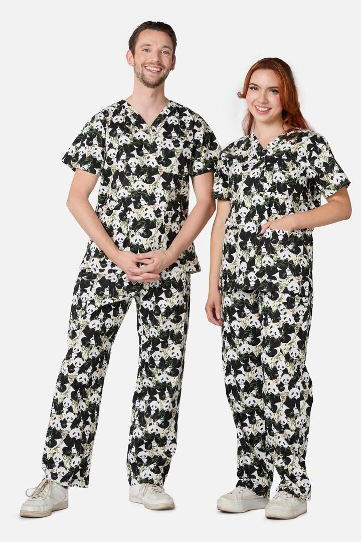Image of a model wearing Uniforms & Workwear. Productname: Pandamonium Scrub Set in Black colour by brand - Scrubs With Love