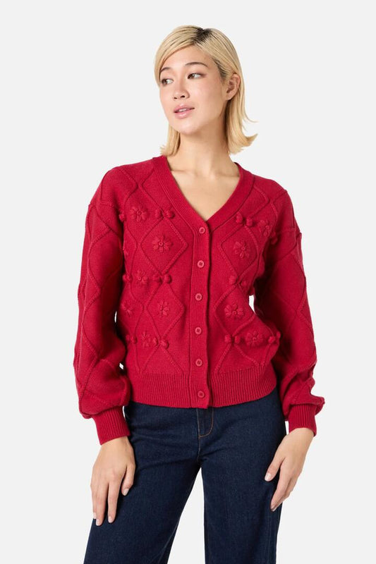 Image of a model wearing Outerwear. Productname: Bloom Embroidered Cardigan in Red colour by brand - Princess Highway