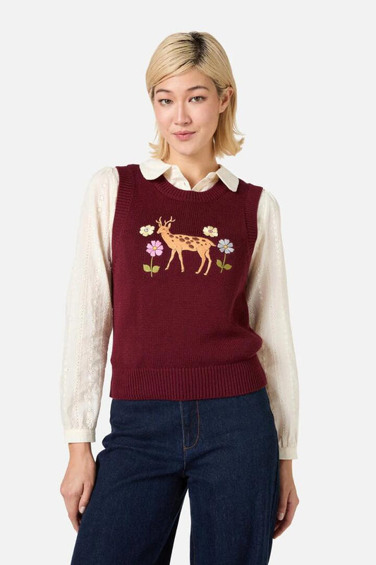 Image of a model wearing Tops. Productname: Deer Embroidered Knit Vest in Burgundy colour by brand - Princess Highway