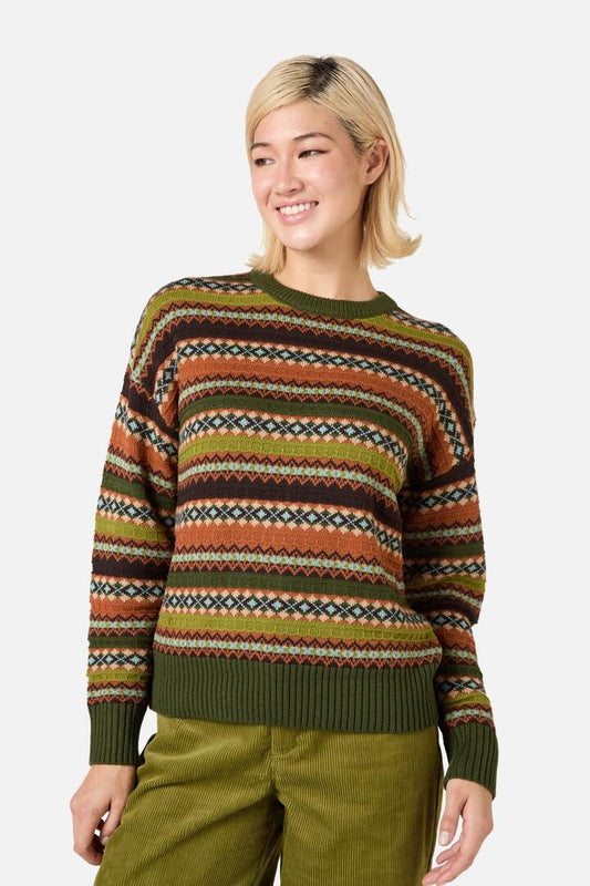 Image of a model wearing Outerwear. Productname: Fairisle Knit Jumper in Olive colour by brand - Princess Highway
