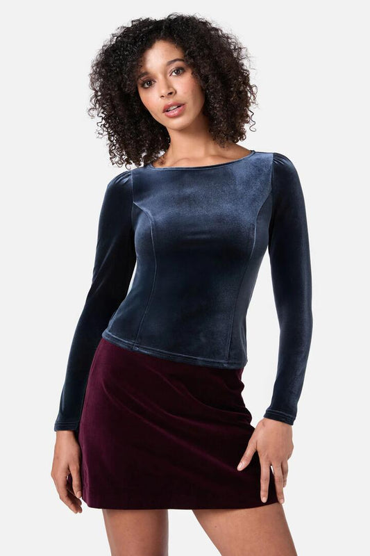 Image of a model wearing Tops. Productname: Monica Velvet Top in Midnight colour by brand - Princess Highway