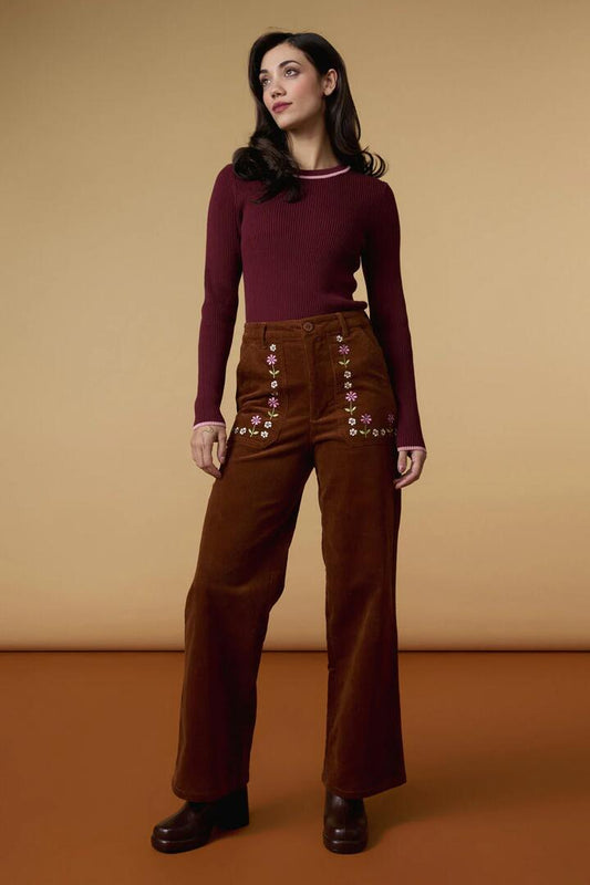 Image of a model wearing Denim. Productname: Meadow Embroidered Cord Jean in Toffee colour by brand - Princess Highway