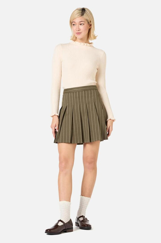 Image of a model wearing Skirts. Productname: Abby Pinstripe Pleat Skirt in Olive colour by brand - Princess Highway