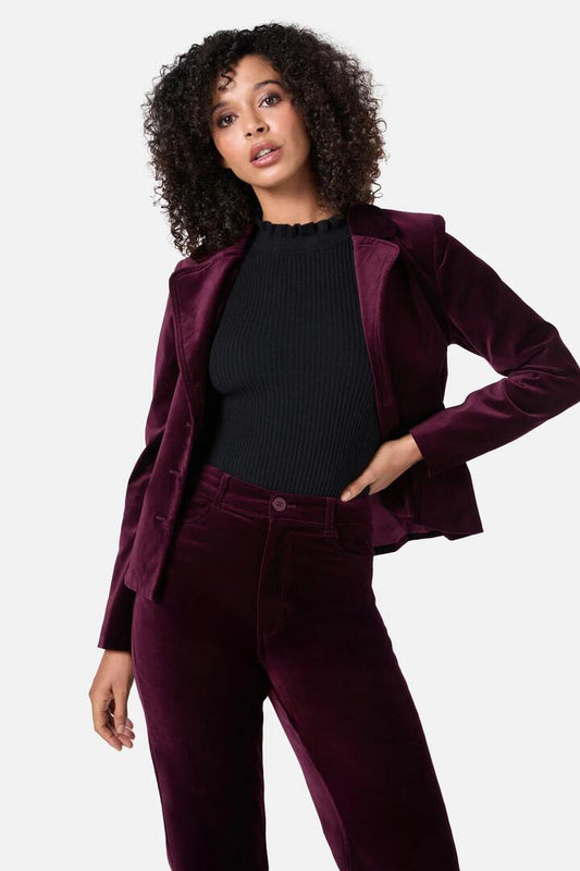 Image of a model wearing Outerwear. Productname: Stella Velvet Blazer in Wine colour by brand - Princess Highway