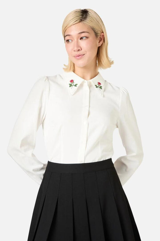 Image of a model wearing Tops. Productname: Rose Bud Embroidered Blouse in Cream colour by brand - Princess Highway