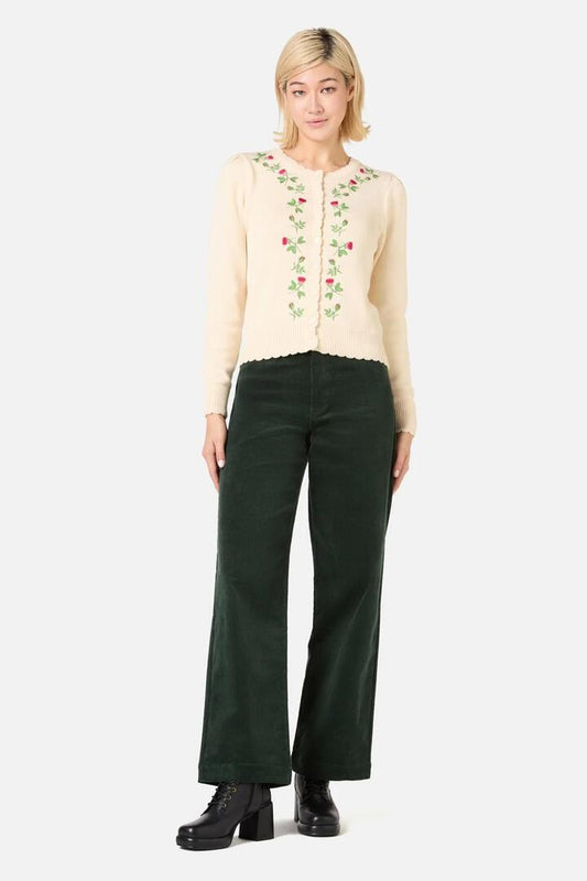 Image of a model wearing Outerwear. Productname: Rose Bud Embroidered Cardigan in Cream colour by brand - Princess Highway
