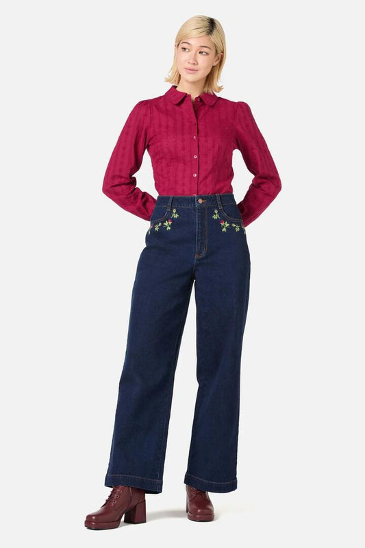 Image of a model wearing Denim. Productname: Rose Bud Embroidered Jean in Blue Denim colour by brand - Princess Highway