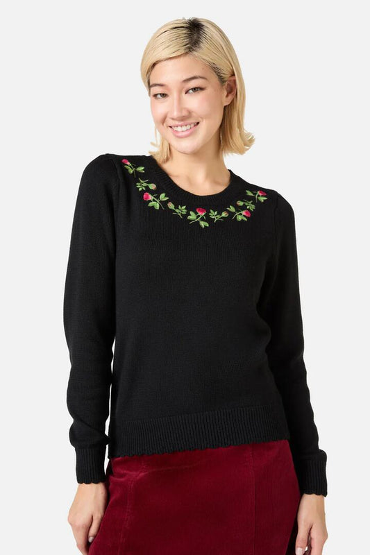 Image of a model wearing Outerwear. Productname: Rose Bud Embroidered Jumper in Black colour by brand - Princess Highway