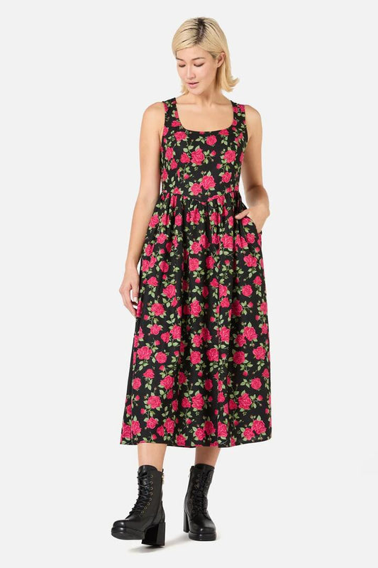 Image of a model wearing Dress. Productname: Winter Rose Midi Dress in Pink colour by brand - Princess Highway