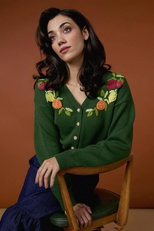 Image of a model wearing Outerwear. Productname: Fruit Embroidered Cardigan in Green colour by brand - Princess Highway