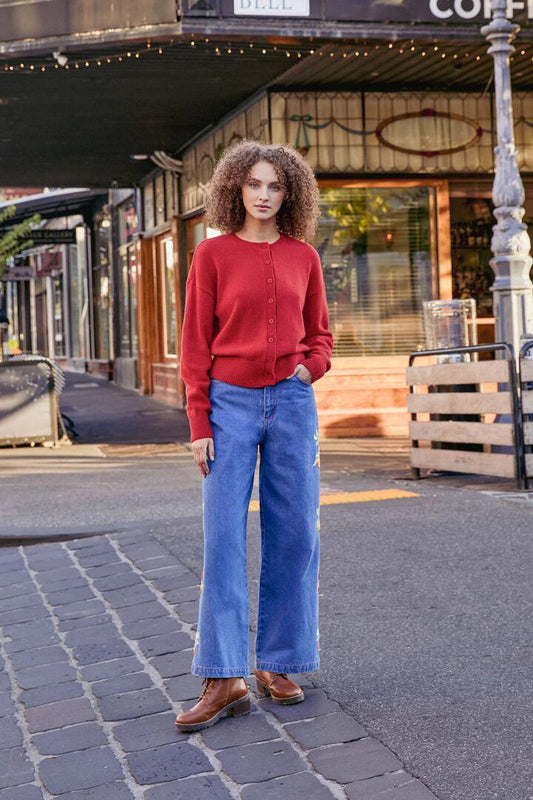 Image of a model wearing Outerwear. Productname: Jodie Wool Blend Cardigan in Red colour by brand - Princess Highway