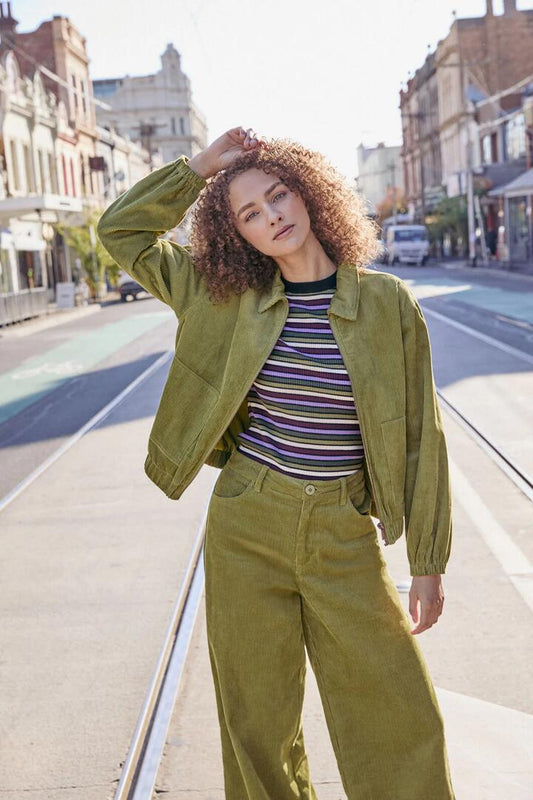 Image of a model wearing Outerwear. Productname: Remy Cord Jacket in Pink colour by brand - Princess Highway