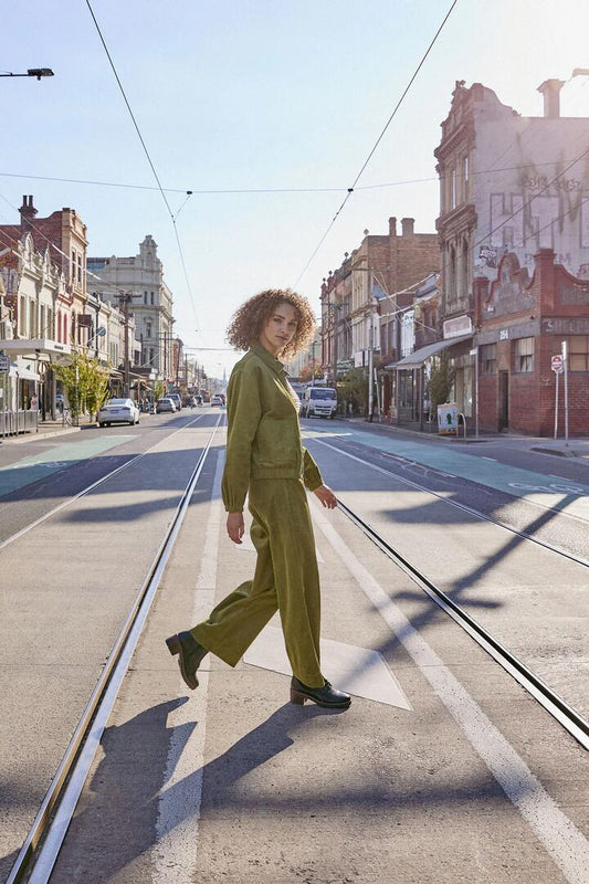 Image of a model wearing Denim. Productname: Remy Cord Jean in Pink colour by brand - Princess Highway