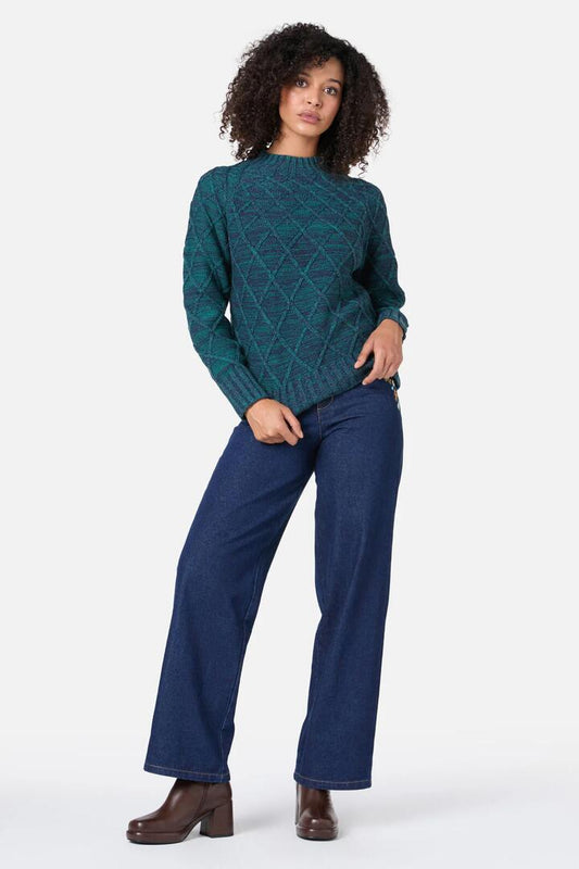 Image of a model wearing Outerwear. Productname: Demi Diamond Knit Jumper in Emerald colour by brand - Princess Highway