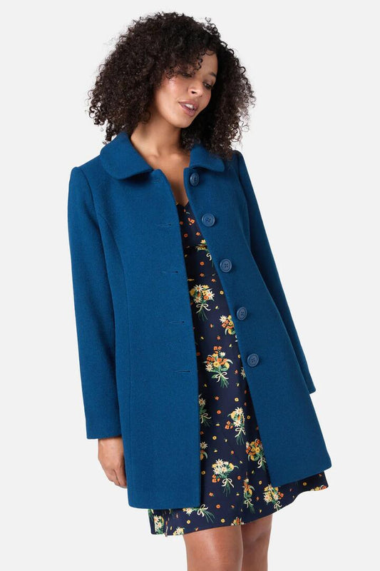 Image of a model wearing Outerwear. Productname: Olivia Wool Blend Coat in Blue colour by brand - Princess Highway
