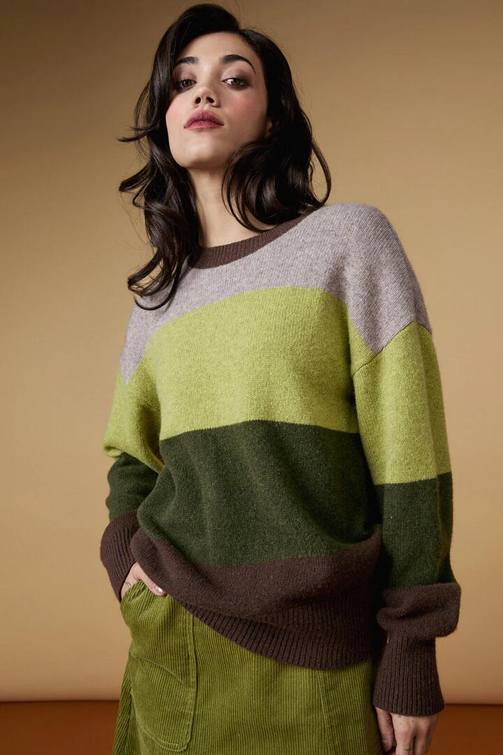 Image of a model wearing Outerwear. Productname: Arla Stripe Knit Jumper in Plum colour by brand - Princess Highway