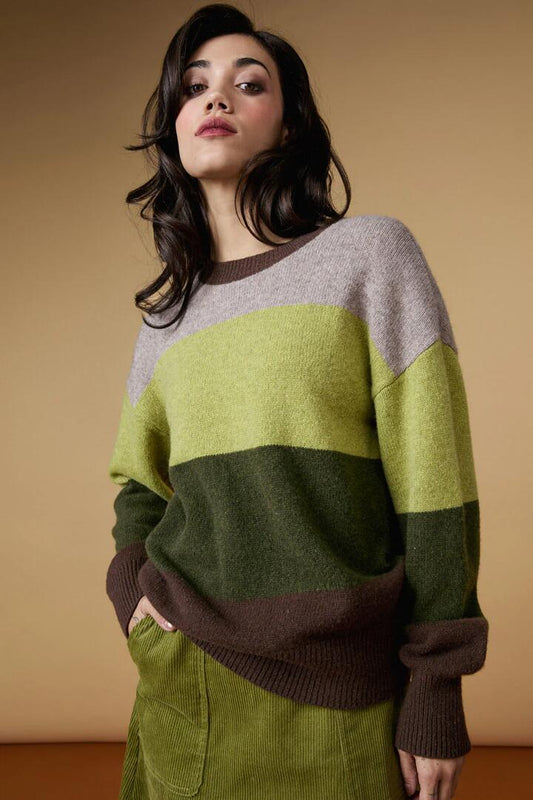 Image of a model wearing Outerwear. Productname: Arla Stripe Knit Jumper in Plum colour by brand - Princess Highway