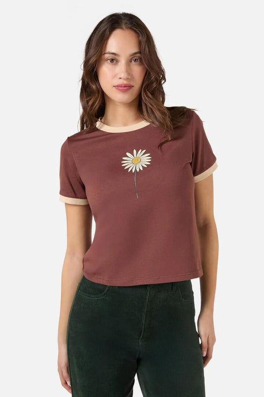Image of a model wearing Tops. Productname: Viva Flora Tee in Chocolate colour by brand - Princess Highway