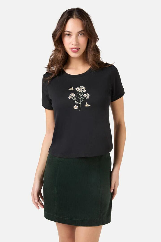 Image of a model wearing Tops. Productname: Wax Flower Tee in Black colour by brand - Princess Highway