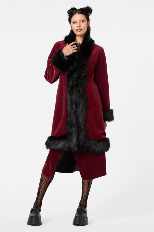 Image of a model wearing Outerwear. Productname: Prestige Cord Fur Trim Coat in Red/Black colour by brand - Dangerfield