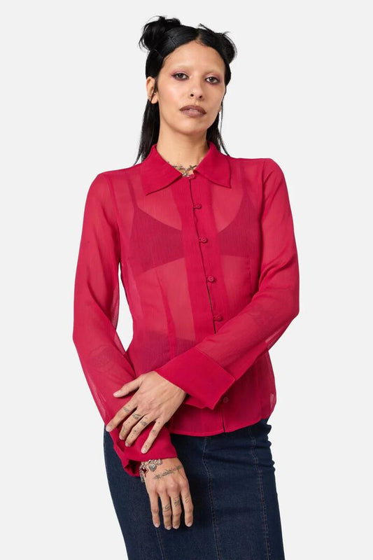 Image of a model wearing Tops. Productname: Myth Collared LS Blouse in Red colour by brand - Dangerfield