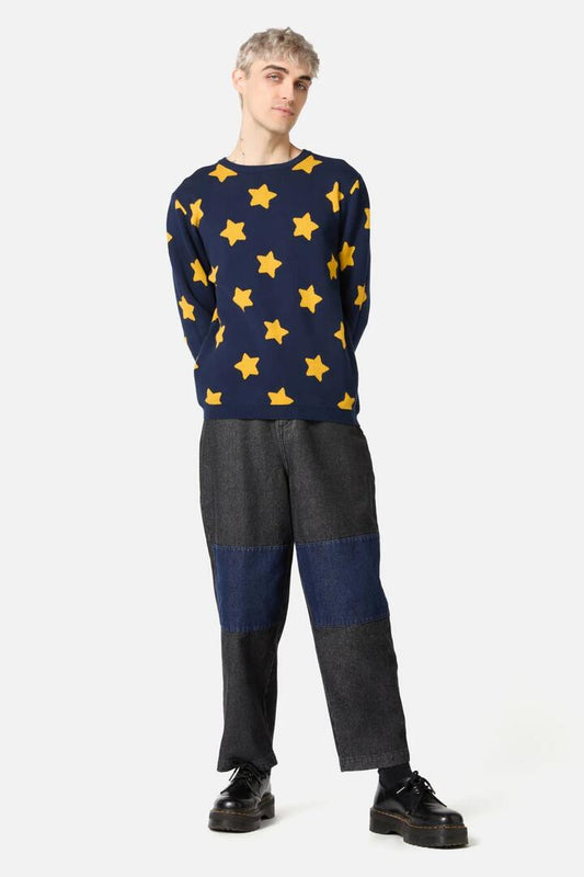 Image of a model wearing Outerwear. Productname: Wiz Knit Jumper in Midnight colour by brand - Black Friday