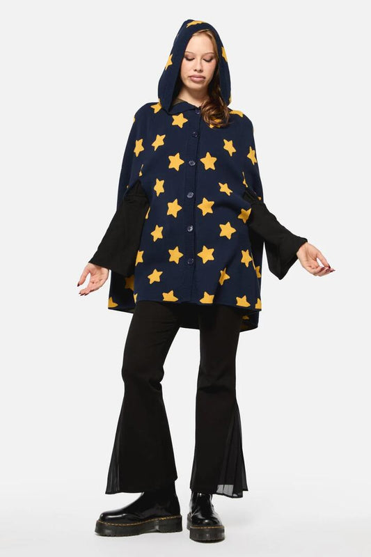Image of a model wearing Tops. Productname: Wiz Knit Cape in Midnight colour by brand - Black Friday