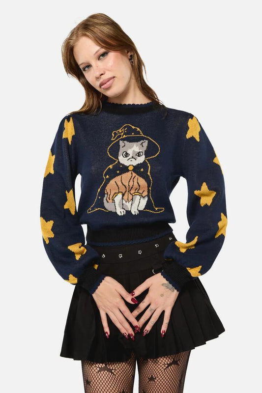 Image of a model wearing Tops. Productname: Bowie The Wiz Knit in Midnight colour by brand - Black Friday