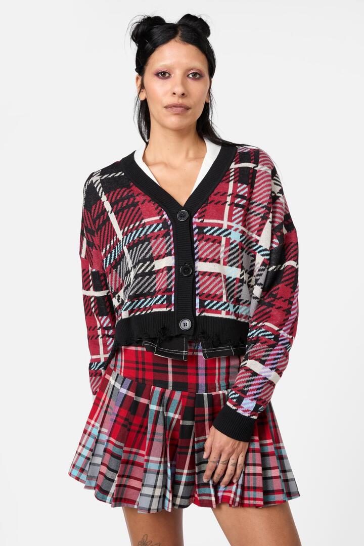 Image of a model wearing Outerwear. Productname: Scorpion Tartan Cardigan in Multi colour by brand - Dangerfield